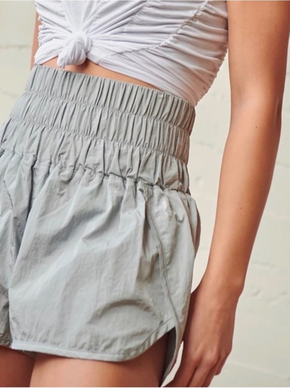 FP Movement by Free People High-Waist Smocked Athletic Shorts in Light Gray
